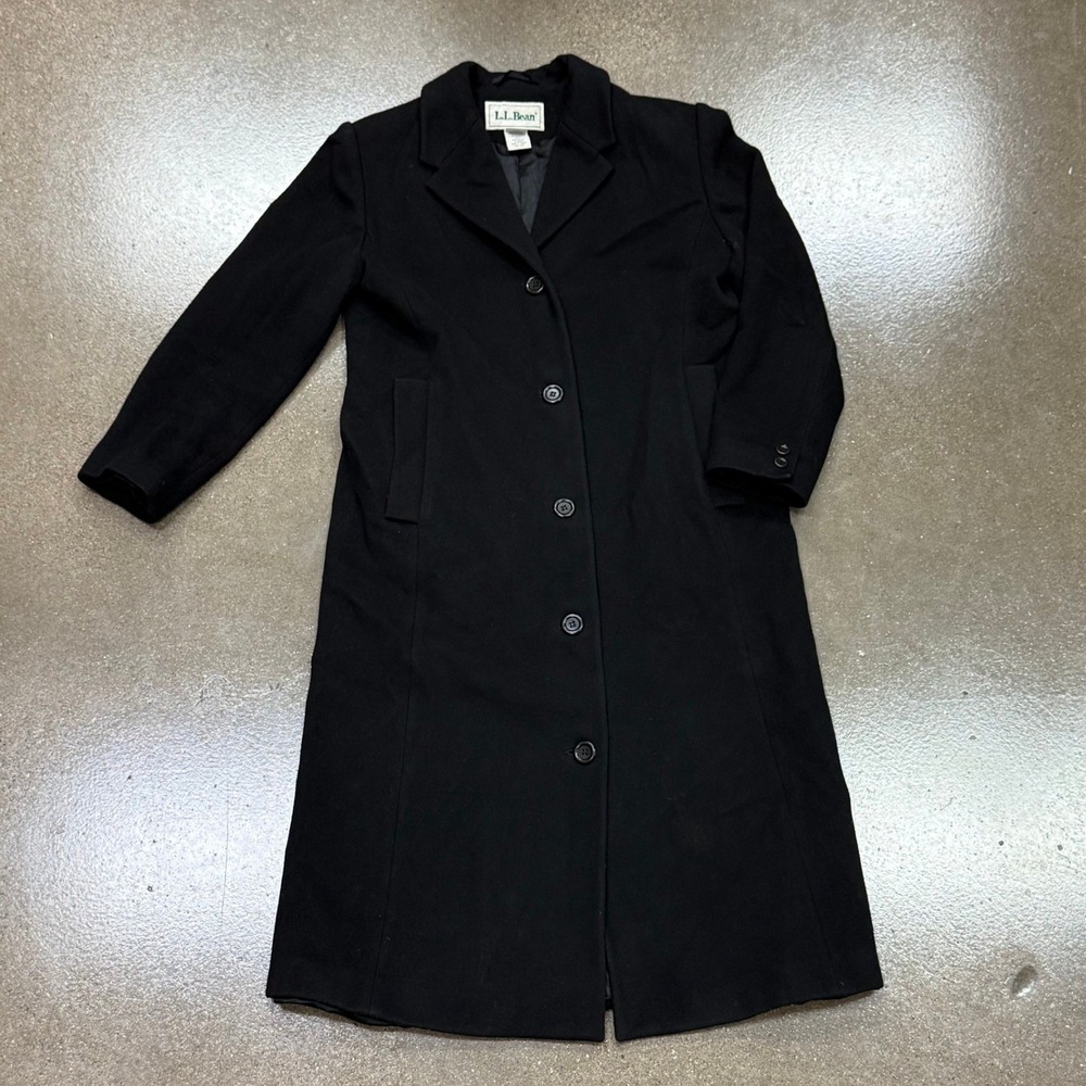 LL Bean Womens Petite 4 Black Wool Cashmere Blend Long Overcoat 0 RK72
